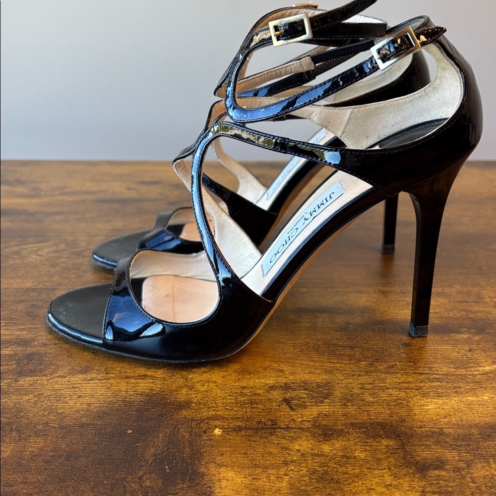 Jimmy Choo Black Patent Strappy Stiletto Heels